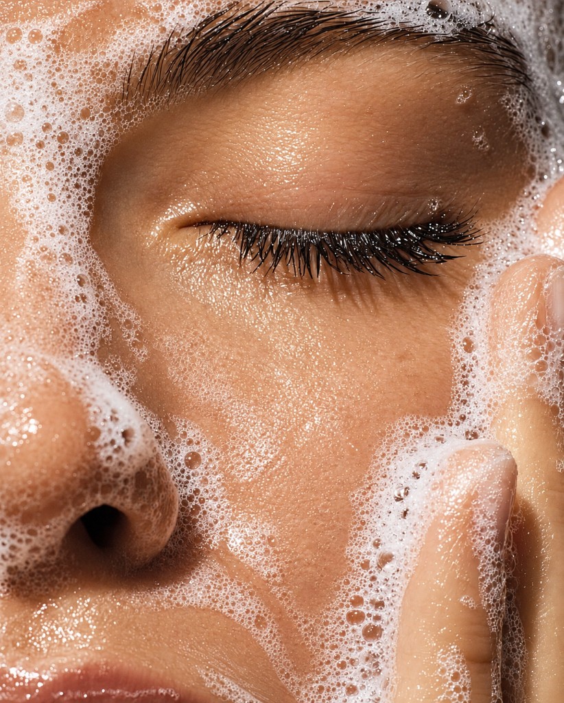 Foam cleanse with the eye closed