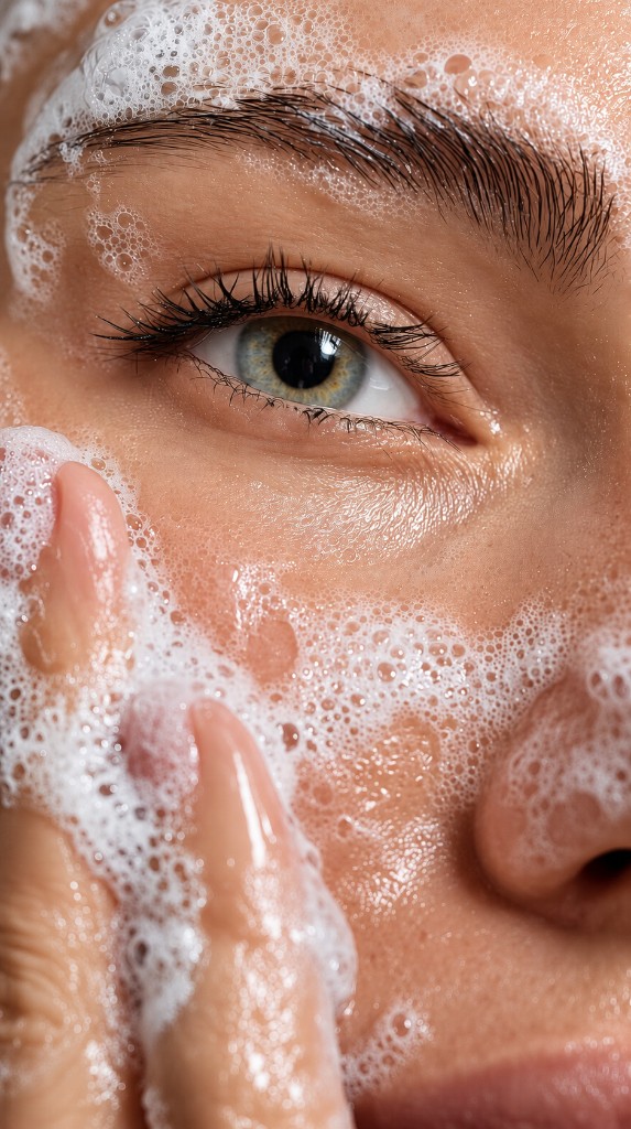 Foam cleanse with the eye open