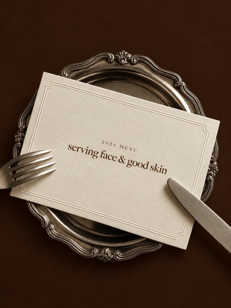 Silver tray with a card reading 2026 MENU, serving face and good skin