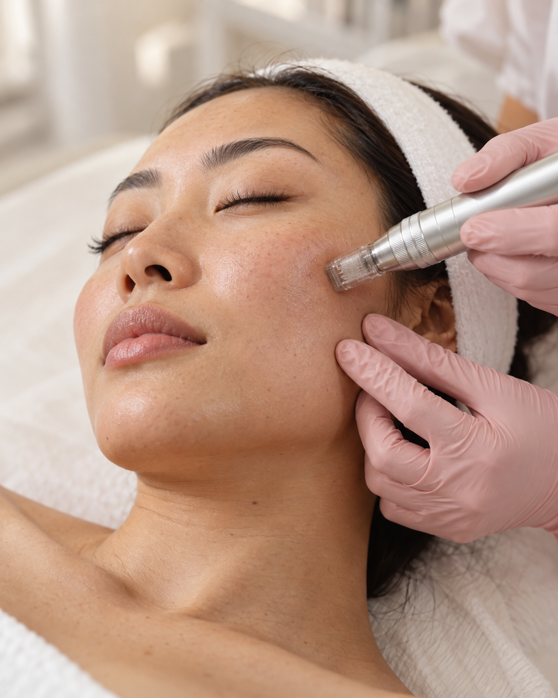 A microneedling device on a guest’s cheek