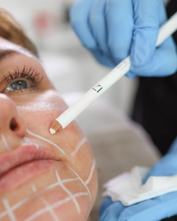 Provider marking a treatment map on a guest’s cheek